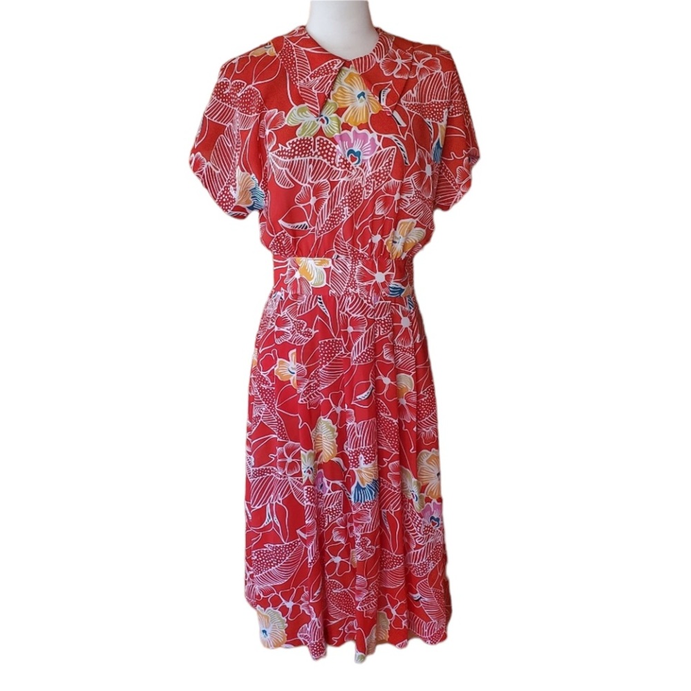 Vintage Floral Midi Red Dress